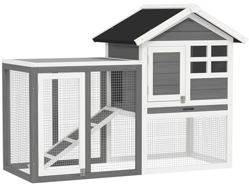 PawHut Clapier Cage à Lapins 2 Portes 123,5Lx62,6lx92,5Hcm Gris | Niche Supérieure avec Rampe, Plateau Excrément, Fenêtre, Enclos Sécurisé, 2 Portes