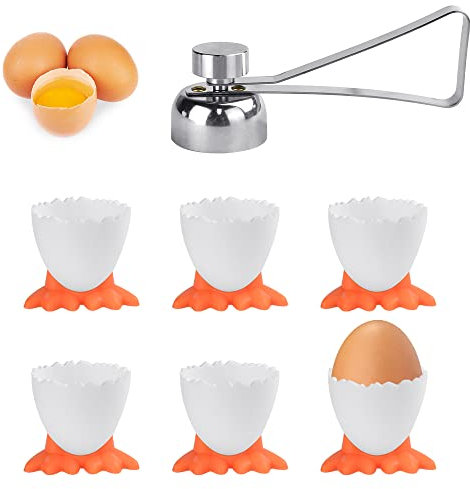 SIYINGSAERY 1 Abridor de Cáscara de Huevos y 6 Hueveras para Huevos Pasados por Agua Cortador de Cáscara de Huevos de Acero Inoxidable Soporte para Huevos Cocidos de Plástico