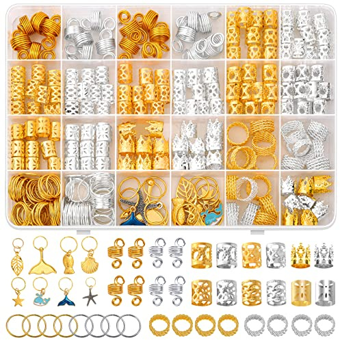 Qinzave 292Pcs Hair Jewelry for Braids, Gold And Silver Dreadlock Jewelry Accessories, Loc Decoration for Hair Dreadlock with Ring Cuffs Charm Decorations for Men and Women