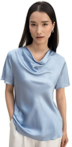 LilySilk Chemise en Pure Soie pour Femme - Chemisier d'été avec col bénitier et Manches Courtes - Haut Puli pour Un Usage Quotidien décontracté 8, Bleu Ciel