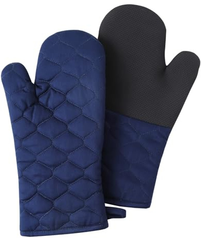Glynniss Heat Resistant Oven Mitts, 2 Pcs of Silicone Oven Mits, Non-Slip Grip Surfaces Kitchen Gloves for Cooking, Machine Washable with Hanging Loops Oven Gloves (7x13 inches, Blue)