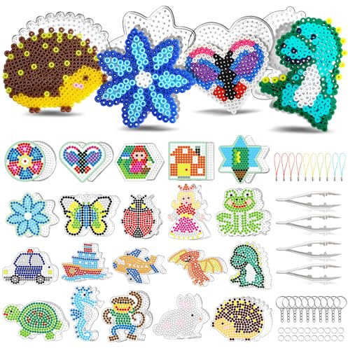 FUNZBO 20x Plantillas de Cuentas para Planchar Animales - Set para Beads 5mm con Pinzas, Llaveros y Cordones - Regalo para Niños de 6+ Años y Adultos (Sin Cuentas)