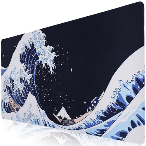 Sevenpers Mousepad,XXL Japanische Kunst Ukiyo-e-Motiv Mauspad 900x400mm | Mount Fuji und Ozeanwellen Dekorative Tischunterlage, Detailreicher Druck Mauspad für Maus und Tastatur,PC