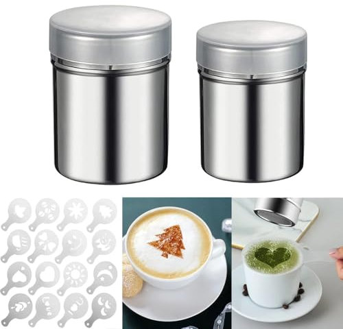 2 Stück Puderzuckerstreuer Kakaostreuer für Cappuccino - 16 Stück Druckform-Schablonen, Kaffee Zubehör Edelstahl-Pulverstreuer, Mehlstreuer mit Deckel