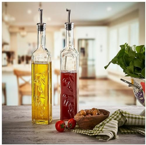 SIDSONS Set of 2, Glass Oil & Vinegar Dispenser pourer Drizzle 500 ml Capacity for Dining Table Home Kitchen salad BBQ Olive Oil Bottle Drizzler Lead-Free Clear