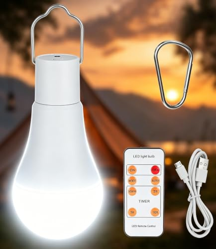Bombilla recargable, bombilla inalámbrica con control remoto y temporizador, bombillas recargables para lámparas, bombilla LED de 7 W, batería regulable, 4 modos de iluminación al aire libre, camping