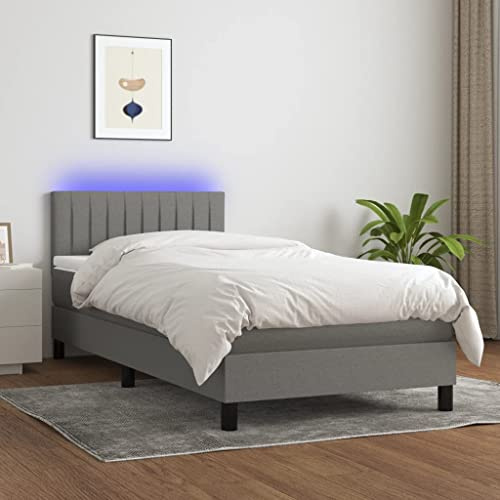 Keyroto Boxspringbett 90x190 mit matratze & LED Bett mit matratze 90x190 Polsterbett 90x190 Stoff Bett Komplett-Dunkelgrau-90 x 190 cm