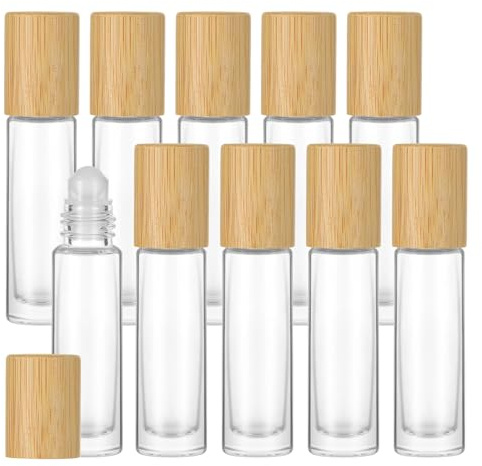 PATKAW 10pcs Glass Roll On Bottle with Bamboo Lid - Refillable Rollerball Bottles, Portable Essential Oil Bottles, Travel Size Roll on Bottles (10ML)