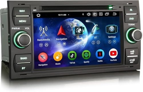 Erisin Android 16 8-Core 4GB+64GB Car Stereo GPS Sat Nav for Ford C-Max S-Max Focus Galaxy Kuga Connect Fiesta Transit 7 DVD Player Supports IPS CarPlay Android Auto DSP DAB+ Bluetooth 5.0 OBD2 WiFi