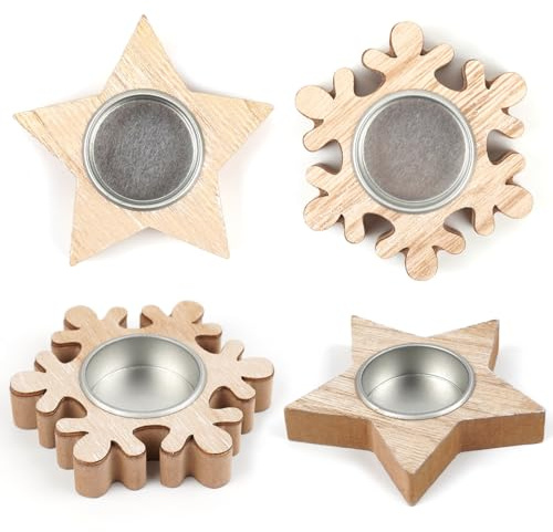 Kerzenhalter aus Holz, 4 Stück Weihnachtskerzenhalter in Form Stern und Schneeflocke, Kerzenhalter aus Holz, Tischdekoration für Weihnachten, Handwerk aus Holz zum Dekorieren und Ausstellen