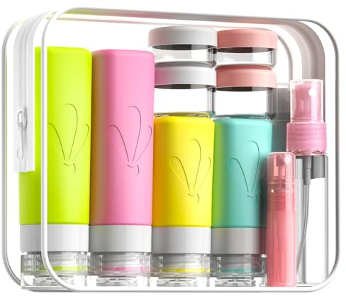 INSFIT 17 stycken silikonreseflaskor, set med etiketter, FDA godkända 90 ml resestorleksbehållare, BPA-fria, läckagesäkra, klämbara silikonslangar för schampo, balsam, lotion, tvål
