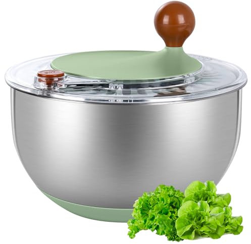 supernal 5.3Qt Stainless Steel Salad Spinner Large with Stop Button Vegetable Dryer Salad Chopper Bowl Non-Slip Base Dishwasher Safe Fruit Washer Transparent Lid & Drainage Hole Vibrant Green