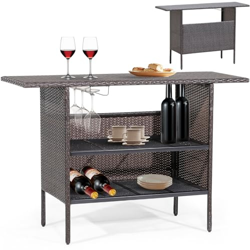 COSTWAY Patio Rattan Bar Table, All Weather Wicker Bar Counter Table with 2 Metal Mesh Shelves & 2-Rail Stemware Racks for Garden Lawn Balcony Backyard Poolside