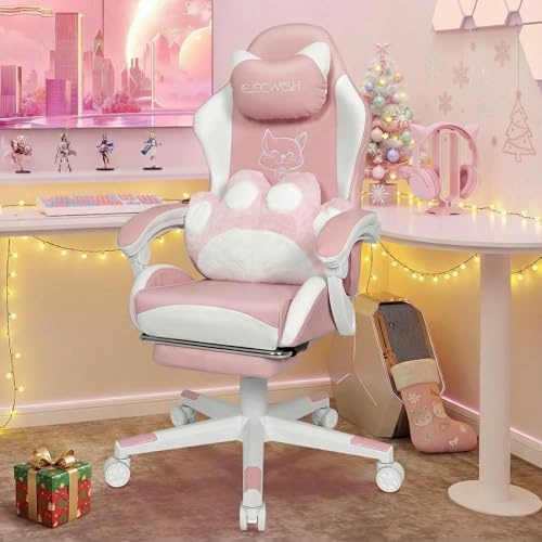 YU YUSING Cute Gaming Stuhl mit Katzenpfote Lendenkissen und Katzenohren | Ergonomischer Gamer Stuhl, Racing Computerstuhl PC Sessel mit Fußstütze Kopfstütze, für Mädchen, Teenager, Kinder, Pink Weiß
