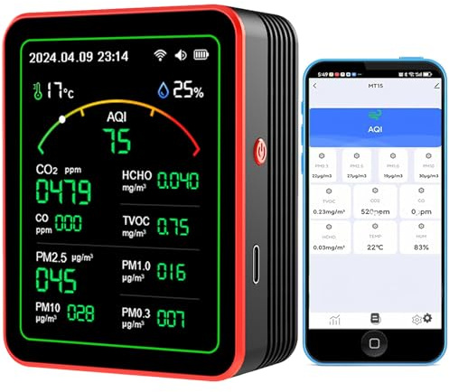15 in 1 Monitor di qualità dell'aria : WiFi rilevatore di qualità dell'aria rileva PM, CO2, TVOC, HCHO, PM, AQI, temperatura e umidità, monitor CO2 con telecomando app, per Smart Home Automation