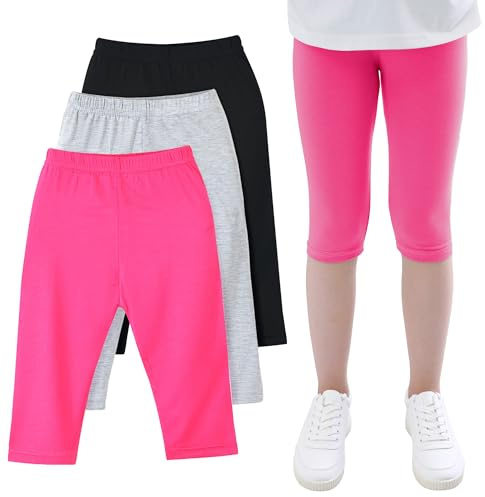 JinBei Niñas Leggings Capri 3/4 Pantalones Verano Transpirables Pantalón Cortos Mallas Niña Cintura Elástica Ciclismo Danza Correr Deportivos Shorts Legging 8-9 años Pack de 3, Negro Gris Rosa