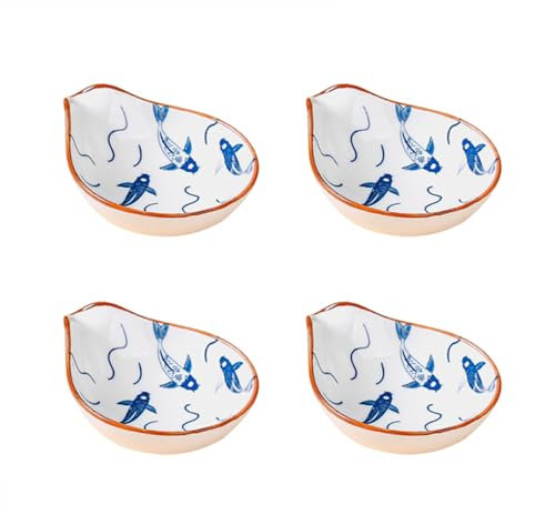 Ciotole per Immersione, Ciotole per Salsa, Piatti di Porcellana con Design Blue Fish&Line&Brown Edge, Ciotole per Immersione di Sushi