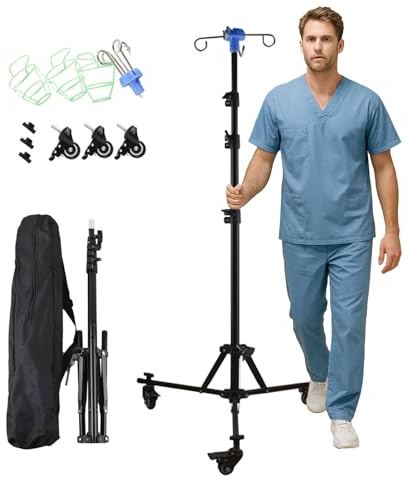 Hocomay IV Drip Stand with Wheels, Foldable Drip Bag Stand with 4 Hooks, 3 Net Bags & 1 Storage Bag, Height Adjustable Portable Mobile Iv Pole for Hospitals, Clinics, Home Care