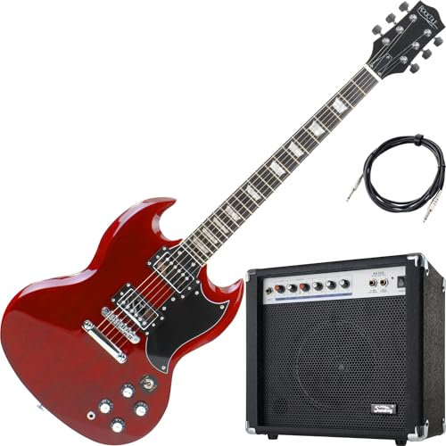 Rocktile Pro S-Red Chitarra Elettrica Heritage Cherry AK20G – con amplificatore e cavo, humbucker, corpo tiglio, manico acero, tastiera palissandro, finitura gloss. Set completo per principianti.