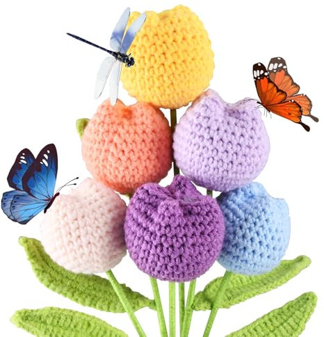 iPalamila 6PCS crochet bouquet, Tulips, Knitted flowers bouquet, Graduation Gift, Mother's Day, Birthday Gift, Valentine's Day, DIY Home Decoration (Multicolour)