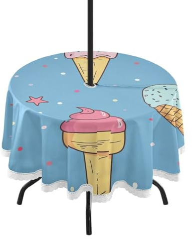 SKYSHU Tovaglia a forma di cono gelato per esterni, 152 cm, impermeabile, antimacchia, resistente alle pieghe, lavabile, con foro per ombrellone e cerniera, per patio, barbecue, cortile, vacanze
