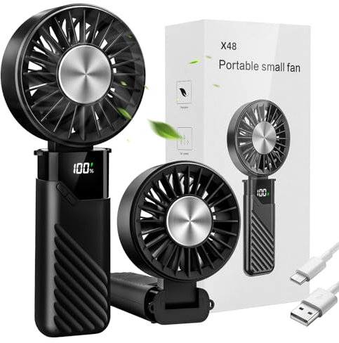 Ventilador Portatil 3 en 1, Mini Ventilador de Mano Recargable, Pequeño USB Ventoinha Escritorio a Pilas Portátil con 5 Niveles de Velocidad, Hand Fan Manual para Oficina y Exterior (Negro)