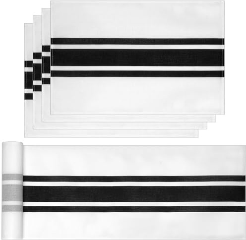 Bigqin 5 Set Tovagliette Runner,Tappetino da Tavolo e Placemats in Lino a Strisce Nere e Bianche - 1 Tappetino 33x183 cm + 4 Placemats 30x45 cm