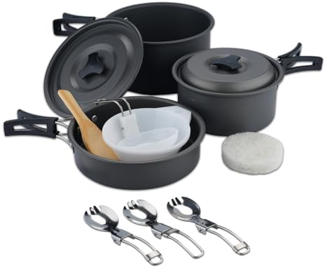 ISFORU Camping Cookware Set 13PCS Non-Stick Camping Pots and Pans Cookware Set with Plastic Bowls and Utensils, Compact Cooking Kit for Hiking, Backpacking & Survival (Pots & Pan Set)