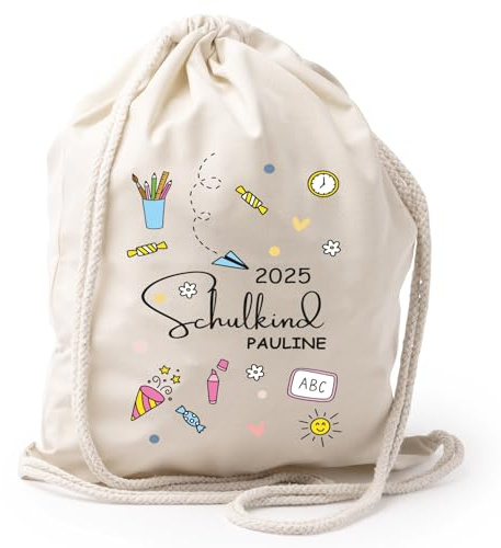 AMBERGER DESIGN Personalisierter Turnbeutel Schulkind 2026 – Geschenk zur Einschulung mit Name – Kita & Schule – Jungs & Mädchen – Sportbeutel mit Motiv – Beige – 36 x 41 cm