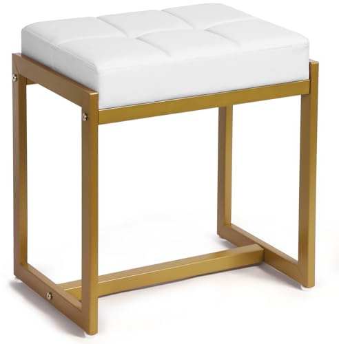 Schminkhocker mit Metallbeinen, Kleine Make-up Hocker Kunstleder, Rechteckiger Ottoman Sitz Fußstütze Hocker für Eitelkeit, Wohnzimmer, Schlafzimmer, Eingang, Moderner Polsterhocker Stuhl weiß & golde