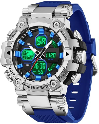 findtime Herren Armbanduhr Blau Robust Outdoor Herrenuhr mit 5AT Wasserdicht Alarm Doppelzeit Datum Woche Digital Analog Anzeige Stoppuhr