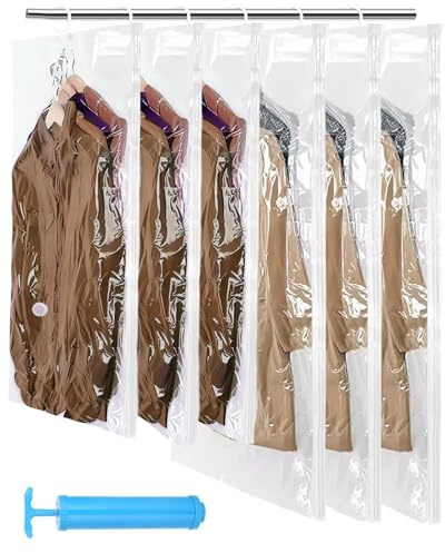 Tixexo 6 pezzi Sacchetti Sottovuoto da Appendere con Ganci, Salvaspazio Sacchetti Sottovuoto Vestiti per Piumini, Abiti, Cappotti o Giacche (105x70cm+135x70cm）