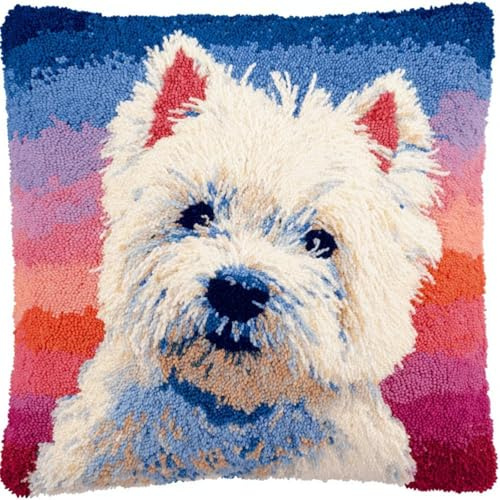 KnüpfKissen Set Erwachsene Kinder mit vordruck Westie Hund Weißer Welpe Bunt knüpfteppich zum selber knüpfen Kissenbezug Anfänger DIY Handarbeit Stickerei Handgemachtes Handwerk Sofa Wohnkultur 43x43c