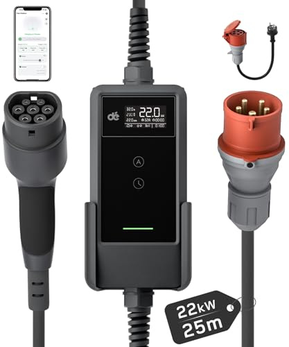 dé Mobile Wallbox/Ladestation 22kW Mit App [3-phasig|25m|6-32A] mit stromzähler, Ladekabel CEE 32A auf Typ 2 und EV Ladegerät für Model Y/3, ID.3/4/5, MG4, EX30, e-up, e-tron und andere EV/PHEV