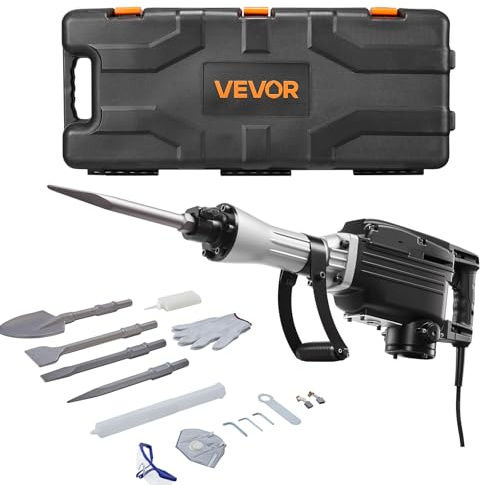 VEVOR Martello Demolitore, Potente Martello Pneumatico Elettrico 2800 W, per Calcestruzzo 1200 BPM con 3 Scalpelli, Vanga per Argilla, Custodia per il Trasporto, Guanti, per Calcestruzzo, Pareti