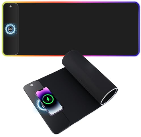 Focenat Großes Mauspad, RGB Gaming Mauspad 15W Qi Mousepad LED, 800x300MM, Gaming Matte mit Wireless Charger und 10 Beleuchtungsmodi, für Tastatur Computer PC Gamer Schreibtisch, Schwarz