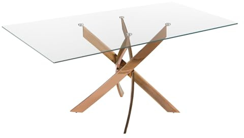 Angel Cerdá - Tavolo da Pranzo Rettangolare con Piano Fisso in Vetro Temperato Trasparente e Gambe in Acciaio Inossidabile Oro Rosa - Design Moderno ed Elegante per 6 Commensali - 150 x 95 x 75 cm