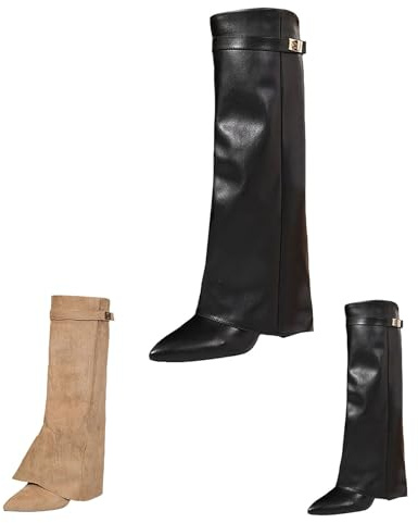Dam Overknees stövlar läder – knähöga stövlar dam vikbara slouchy stövlar med dragkedja på sidan lång får slip-stövlar spets höga klackar eleganta festliga kvällsskor, svart, 41 EU