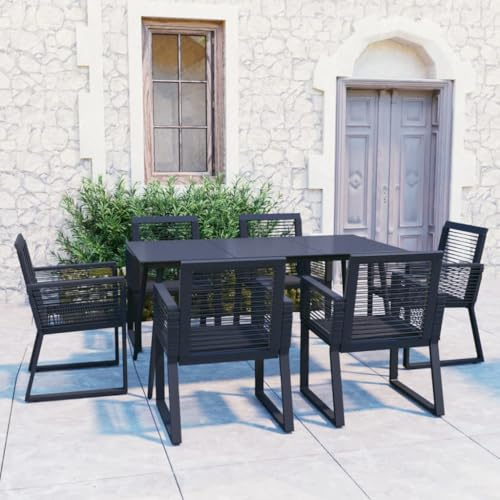 QJBSAVVA 7-TLG. Garten-Essgruppe Schwarz 150x80 cm mit Glasplatte und 6 wetterfesten Sesseln aus PVC-Rattan, robuster Stahlrahmen, Modernes Design für kleine Balkone, Terrasse und Garten