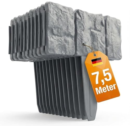 Premium Rasenkante Kunststoff Steinoptik grau – Wetterfeste Beeteinfassung & Mähkante – Flexibles Stecksystem für den Garten – Immer eine saubere Rasenkante. Beetumrandung Mähkante Beet (7,5 Meter)