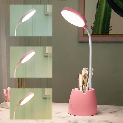 ZMCVOE Lámpara Escritorio Infantil, Intensidad Variable Flexo Infantil con Portalápices y Soporte para Teléfono, Recargable Flexo Escritorio Niña con Brazo de Lámpara Flexible (Rosa)