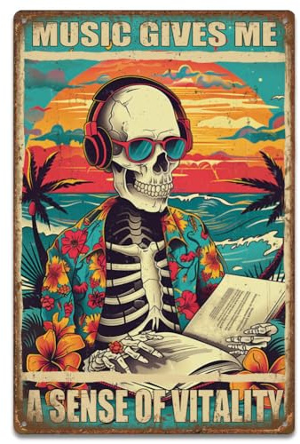 SUPERDANT 1Pcs Funny Skeleton Metal Signs 30x20cm Vintage Tin Signs Music Gives Me A Sense Of Vitality Wall Art Pre-Drilled Metal Sign for Living Room Bedroom Porch Yoga Studio Man Cave Colorful