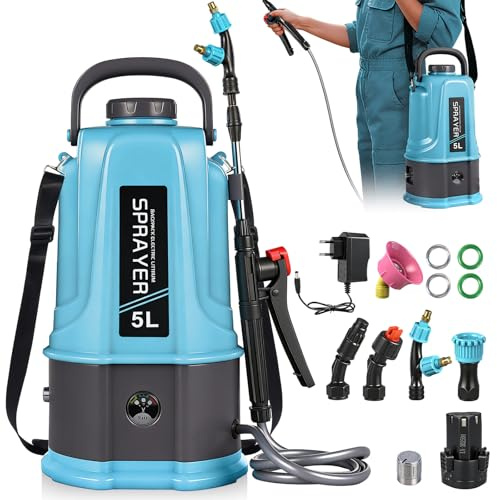 Viugreum 5L Pulverizador de Jardín a Batería, 12V Pulverizador de Jardín Eléctrico con 5 Boquillas de Nebulización, Lanza Telescópica y Correa Ajustable para Riego, Irrigación y Mantenimiento