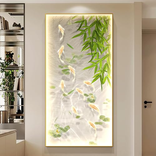 CJWKXQOL 3D-LED-Wandkunst mit Fernbedienung, Bambus und Koi-Fisch, beleuchtete Wandskulptur, moderne beleuchtete Wanddekoration für Wohnzimmer, Eingangsbereich, Flur (A-Grün, 50 x 100 cm)