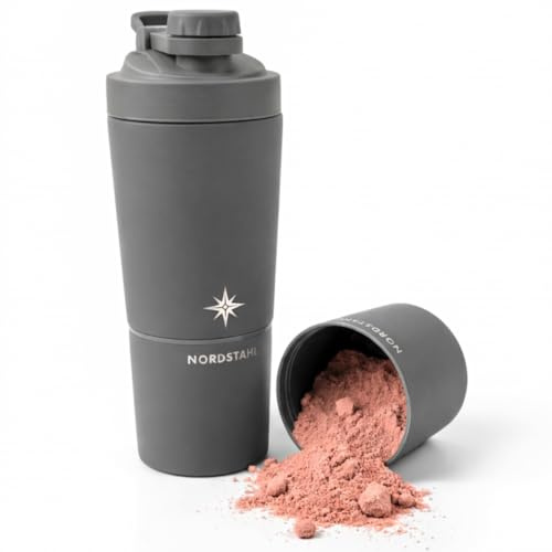 NORDSTAHL Thermo Shaker mit Pulverfach | Shaker 500ml Edelstahl mit Kugel | auslaufsicher & BPA frei | spülmaschinenfest | inkl. Milliliter-Skala & Fruchtnetz (Polargrau)