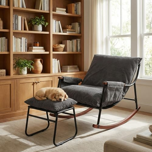 HomeMiYN Fauteuil à Bascule Allaitement avec Repose Pieds, Poche latérale | Accoudoirs et Bases en Bois, Rocking Chair pour Salon, Chambre, Balcon, Chambre Bebe,Nursery, Tissu en velours côtelé, Marron