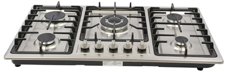 Piano cottura 5 fuochi,piano cottura a gas, in acciaio inox, piastra a gas da incasso con protezione antifiamma, 3,3 kW/2,75 kW/1,75 kW/1 kW, per casa, ristorante