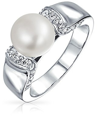 Stile Art Deco Pave Cz Solitaire White Freshwater Cultured Pearl Anello Di Fidanzamento Per Le Donne In Ottone Placcato Argento