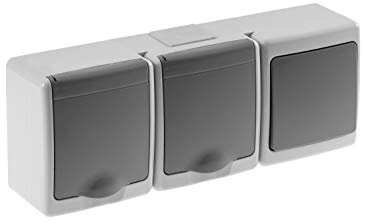 Schalter u. 2-fach Steckdose mit Klappdeckel Aufputz IP44 grau Feuchtraum