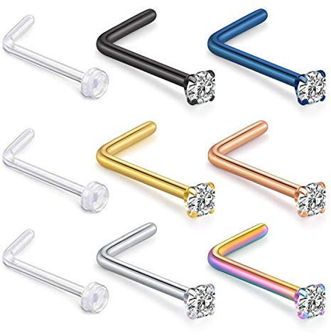 Aroncent Nasenstecker Nasenpiercing L-Form Nasen-Piercing Nasenfluegel Nostril Chirurgenstahl 6 PCS + 3 PCS Klar Lippenpiercing Bioflex Labret 18G/20G